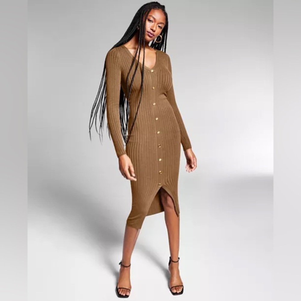 Ribbed Button-Detail Midi Sweater Dress
